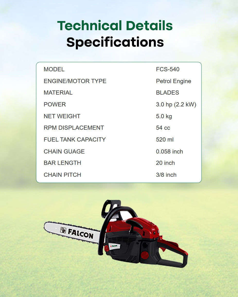 FALCON 52cc Petrol Chainsaw with 20-Inch Guide Bar | Heavy-Duty Tree Cutter & Log Splitter (FCS-540)