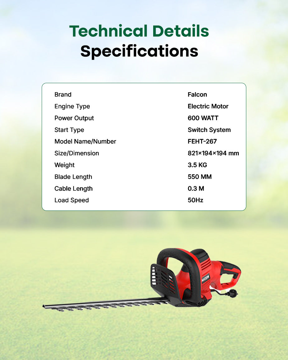 FALCON 600W Electric Hedge Trimmer | 22-Inch Dual-Action Blade Shrub Pruner (FEHT-267+)