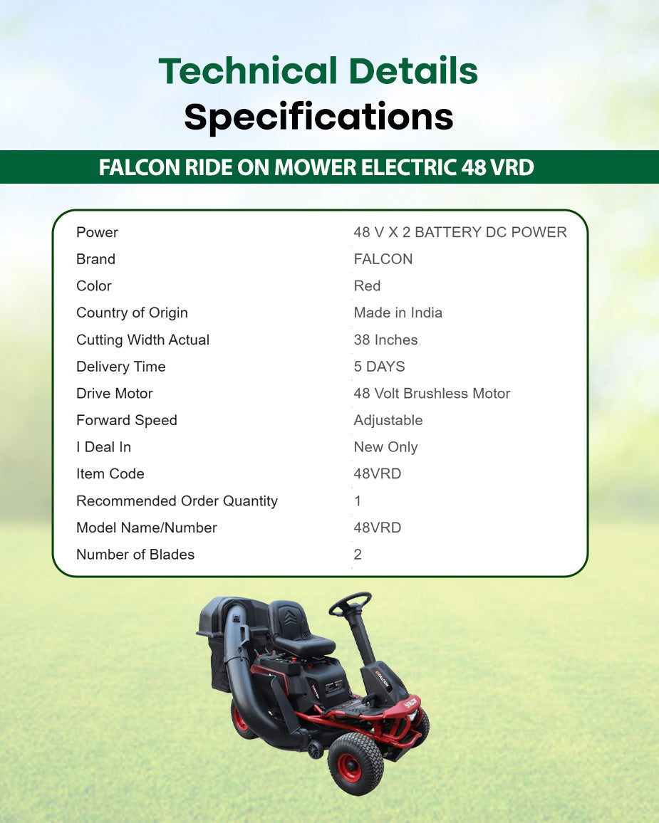 FALCON Electric Ride-On Lawn Mower 48 VRD | High-Capacity Battery Zero-Emission Lawn Tractor