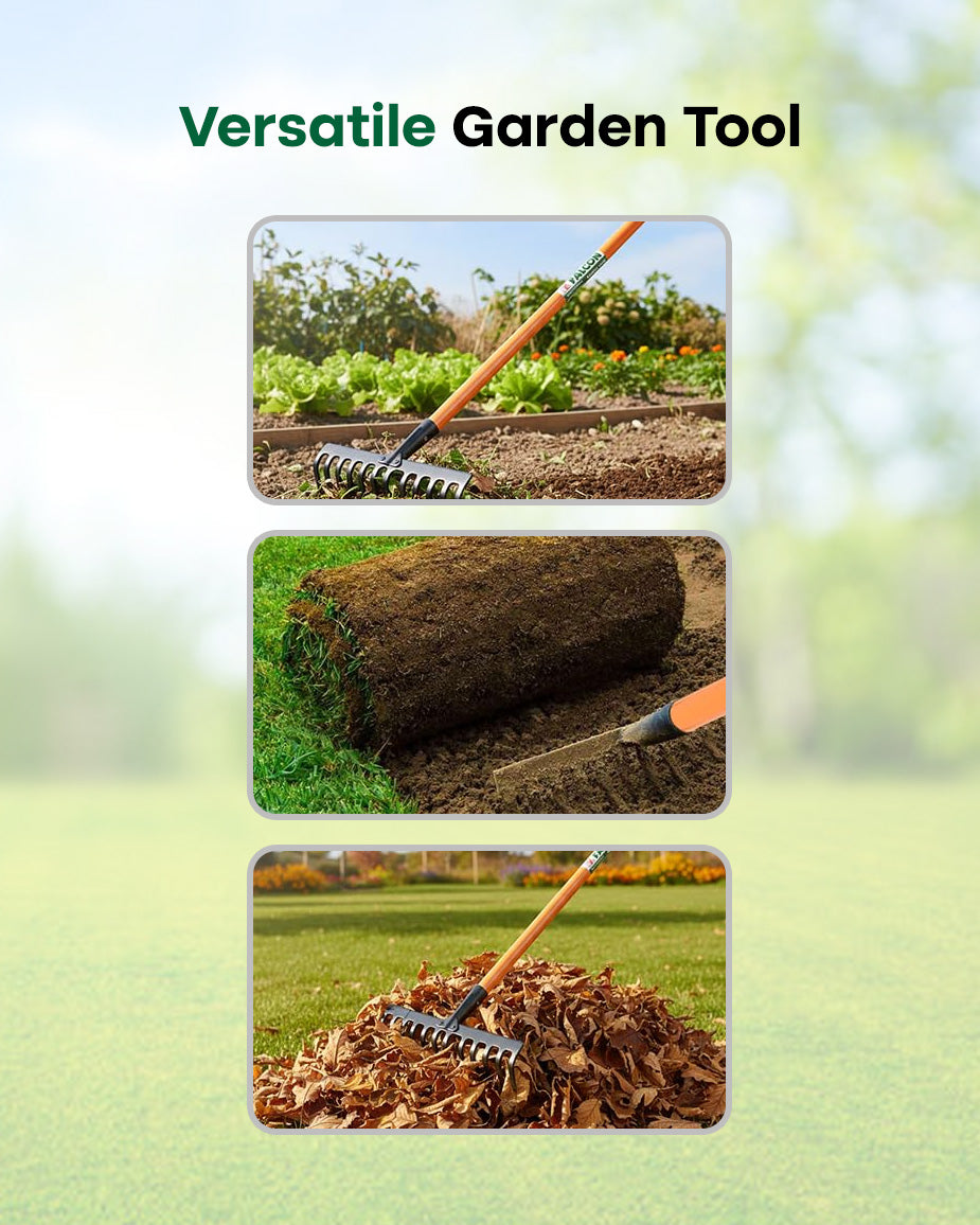 Falcon Premium Garden Rake FRWH-16 | 16-Teeth Extra-Wide Soil Leveler & Yard Cleaner