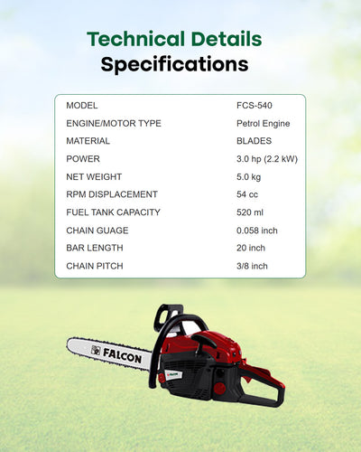 FALCON 52cc Petrol Chainsaw with 20-Inch Guide Bar | Heavy-Duty Tree Cutter & Log Splitter (FCS-540)
