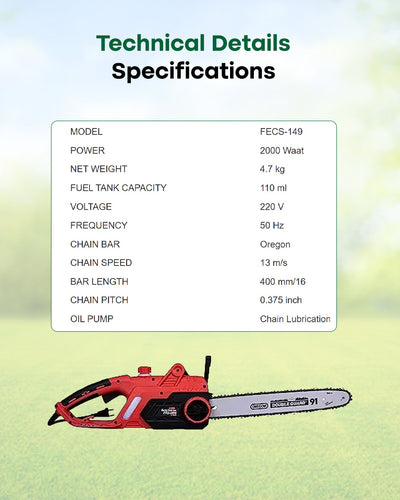 FALCON 2000W Electric Chainsaw with 16-Inch Guide Bar | Heavy-Duty Wood Cutter & Pruner (FECS-149+)