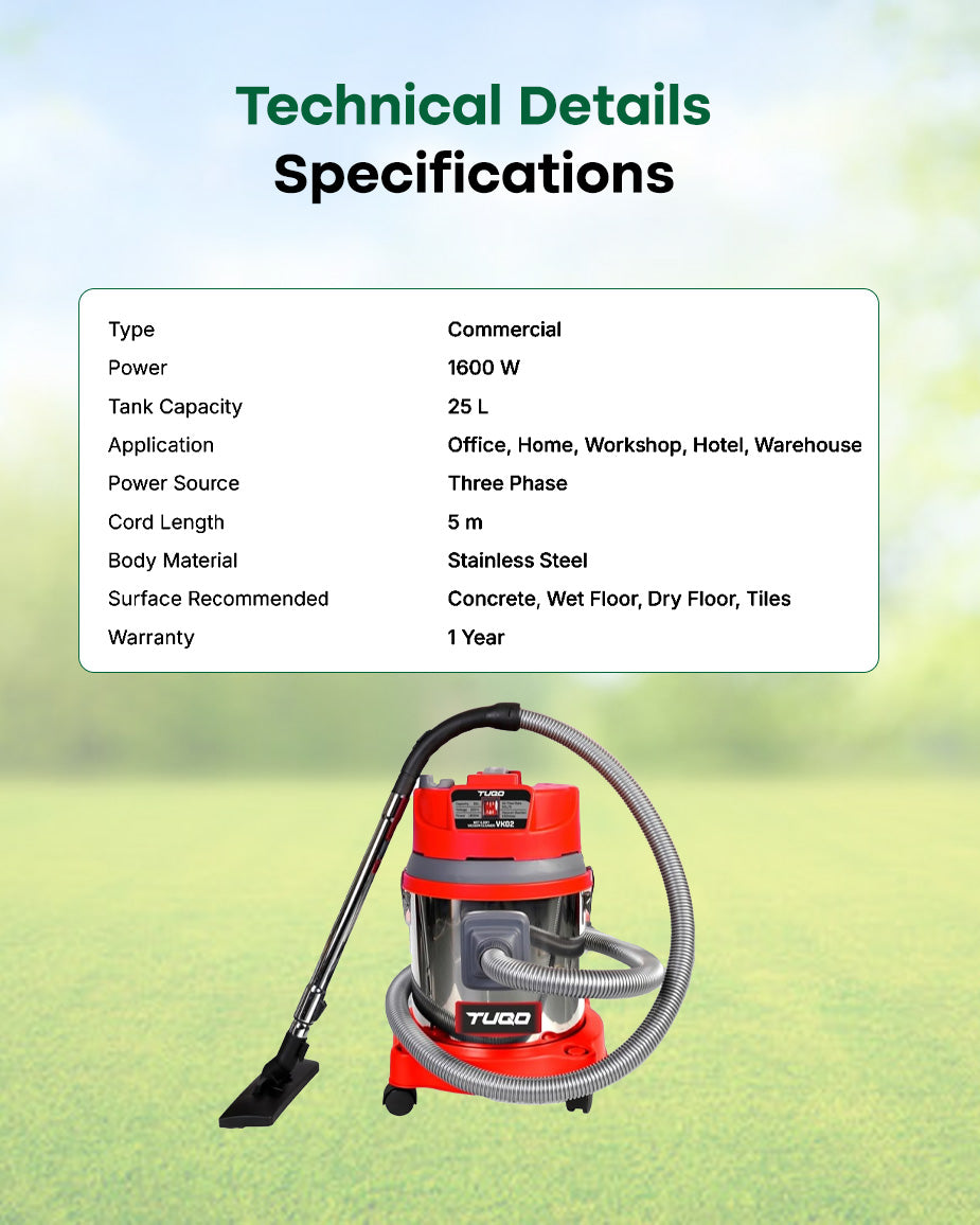 TUQO 1600W 3-in-1 Wet & Dry Vacuum Cleaner with Blower | 25L Stainless Steel Tank Pro-Grade Heavy-Duty Cleaner (VK02)