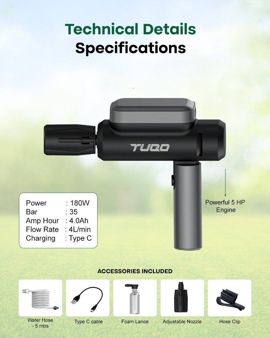 TUQO Portable Cordless High Pressure Washer Gun | 4000mAh Type-C Rechargeable Car & Bike Washer (CDW400)