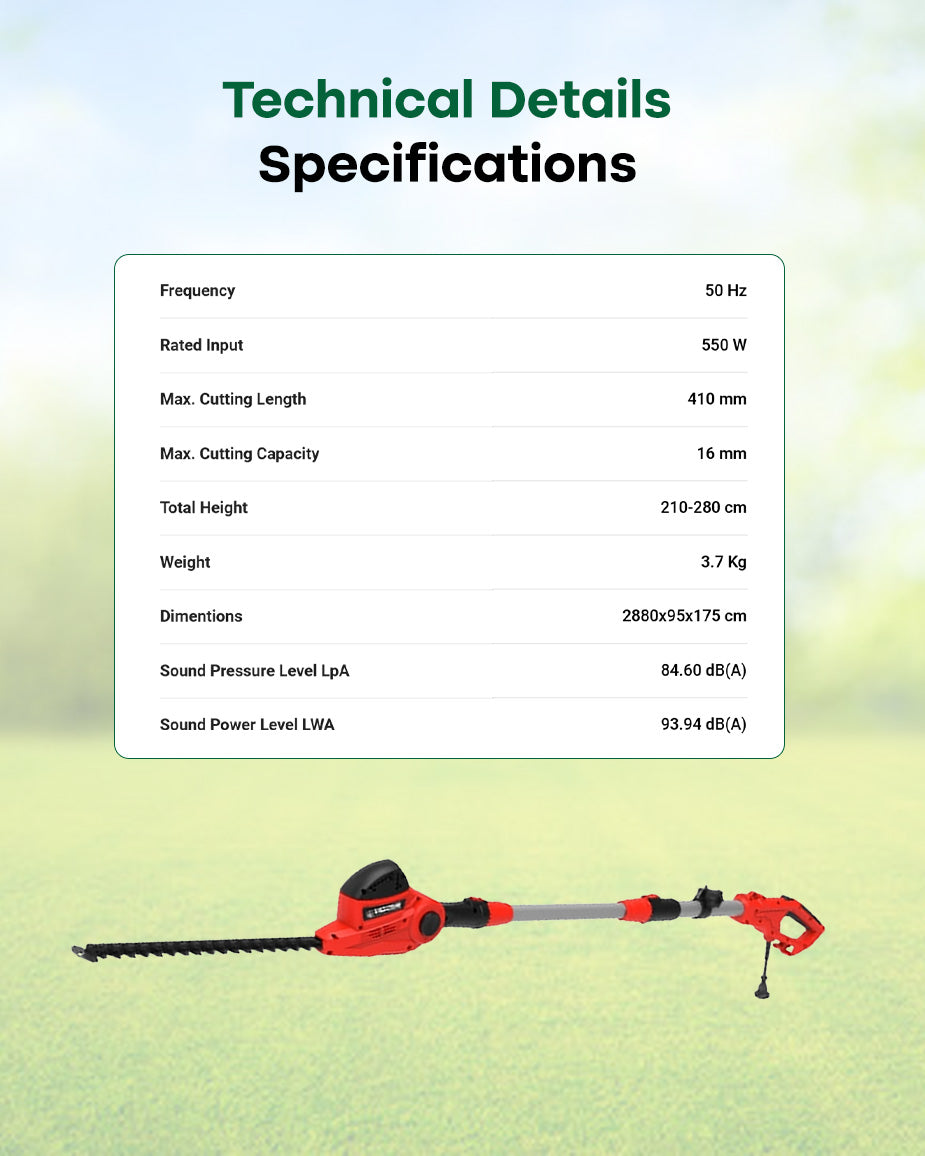 FALCON 550W Electric Pole Hedge Trimmer | 2.8m Extendable Telescopic Reach Long-Reach Pruner (FPHT-268)