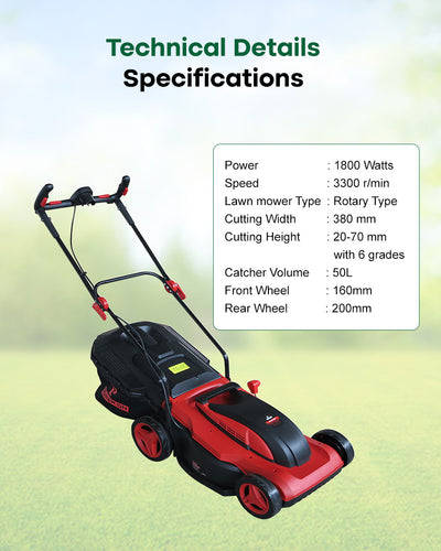 POWERON 1800W Electric Lawn Mower | 380mm Corded Rotary Push Grass Cutter (POLME 1800)