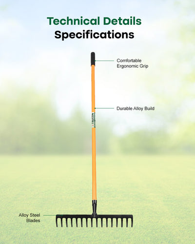 Falcon Premium Garden Rake FRWH-16 | 16-Teeth Extra-Wide Soil Leveler & Yard Cleaner