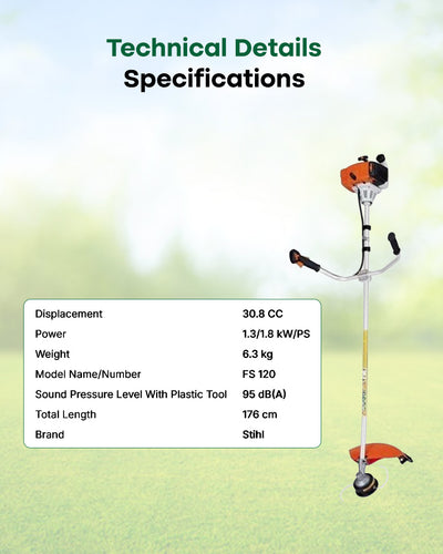 STIHL 30.8cc 2-Stroke Petrol Brush Cutter | 1.8 HP Commercial Straight-Shaft Weed & Scrub Trimmer (FS 120)