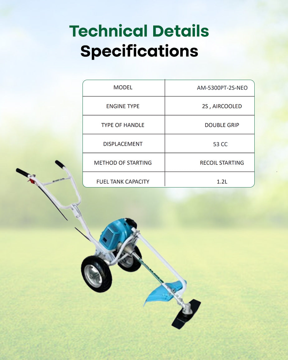 AGRIMATE 51.7cc Push-Type Trolley Brush Cutter | 2-Stroke Gas Grass Trimmer & Weed Weeder (AM-5300PT-NEO)