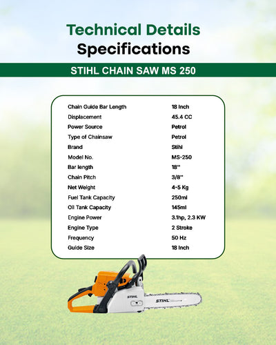 STIHL MS 250 45.4cc Petrol Chainsaw | Heavy-Duty Wood Cutting & Tree Felling Saw