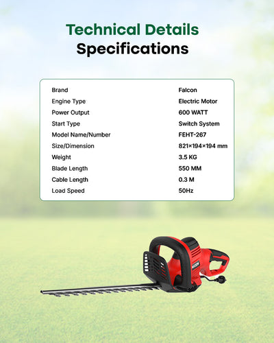 FALCON 600W Electric Hedge Trimmer | 22-Inch Dual-Action Blade Shrub Pruner (FEHT-267+)