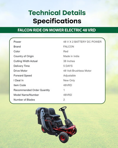 FALCON Electric Ride-On Lawn Mower 48 VRD | High-Capacity Battery Zero-Emission Lawn Tractor