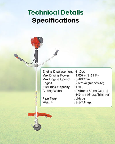 PowerOn 41.5cc Petrol Brush Cutter | 2-in-1 String Trimmer and Weed Eater (POBC 4380)