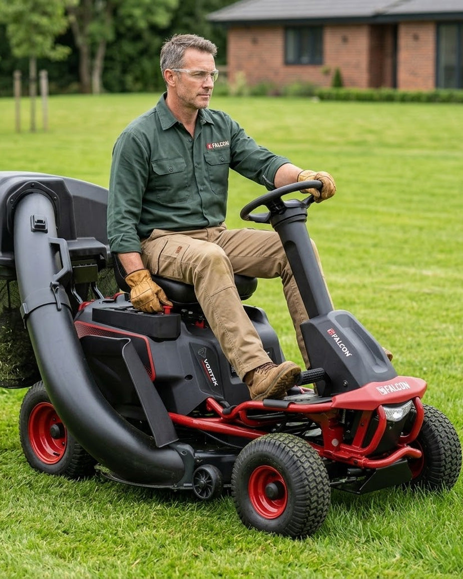 FALCON Electric Ride-On Lawn Mower 48 VRD | High-Capacity Battery Zero-Emission Lawn Tractor